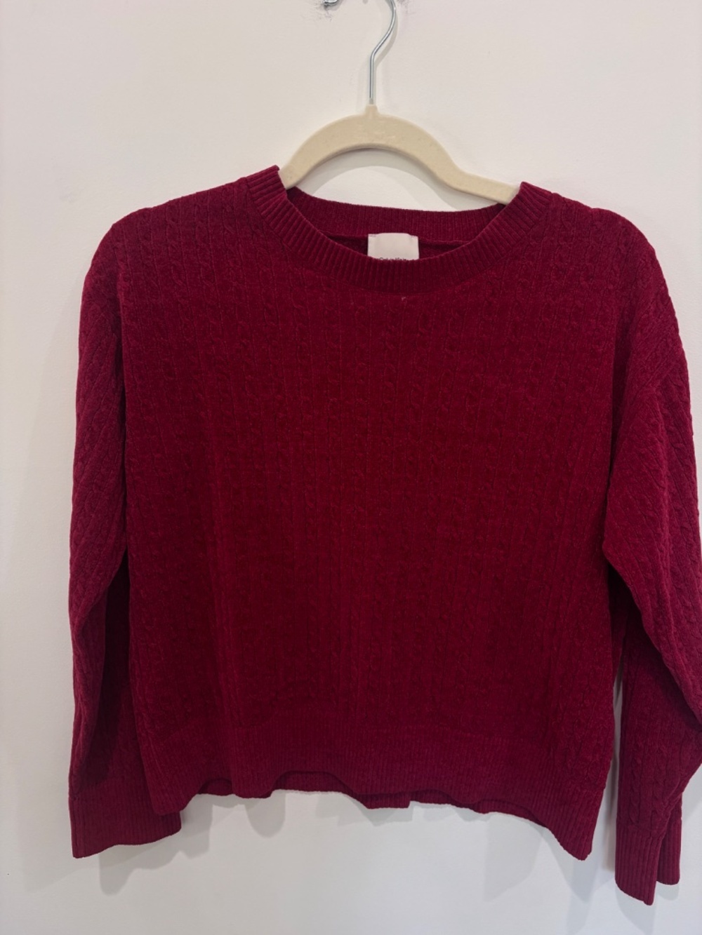 Calvin Klein Camille Lewis Burgundy Cable Knit Sweater Medium Cropped Chenille M